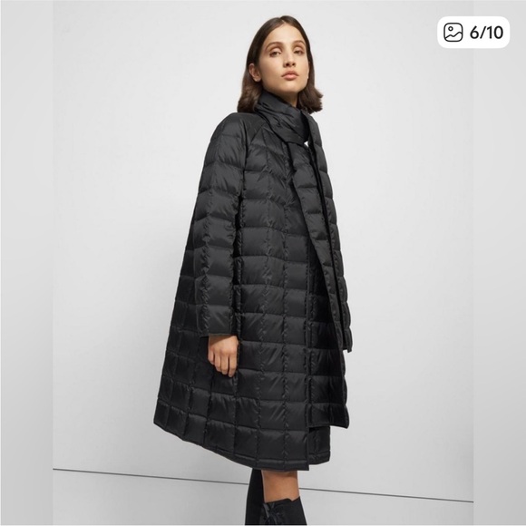 Theory Black Puffer Jacket with large detachable scarf. - Picture 3 of 14